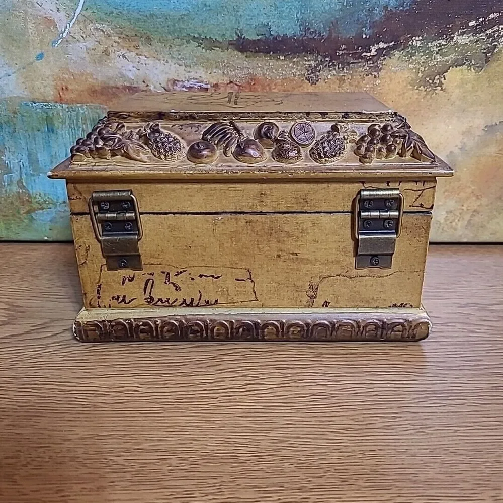 Wooden Jewelry Trinket Box Fruit Design Unmarked Velvet Lined 7x4.5